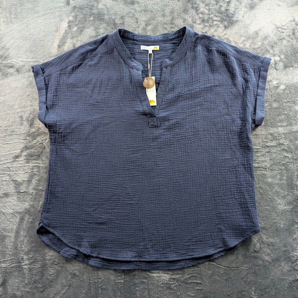 C&C California Navy Blue Double Gauze Cotton V-Neck Top Blouse 1X NEW